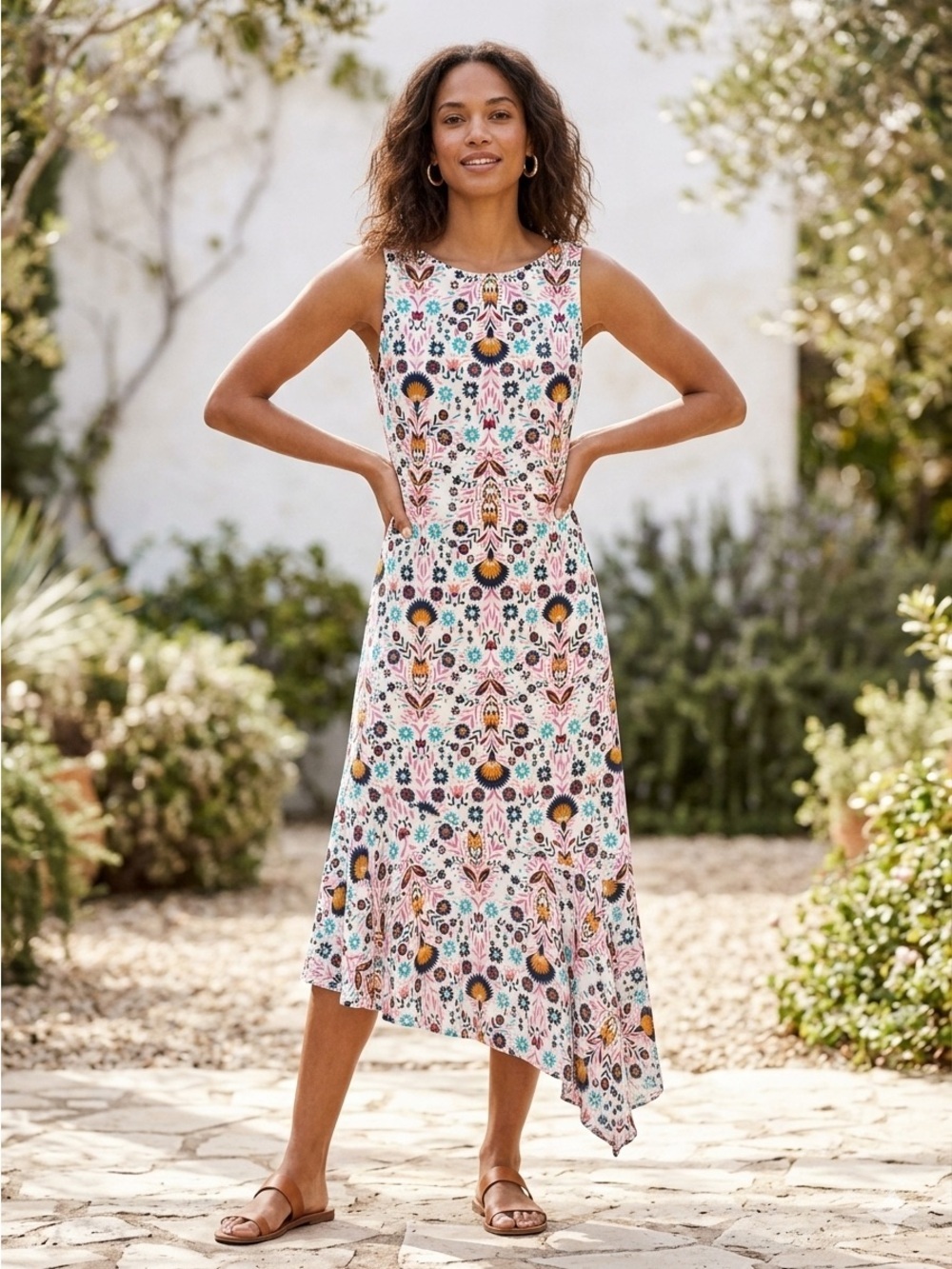 Boden women’s 10 Tessa Asymmetric Midi Dress in Ivory Carnival Floral Print